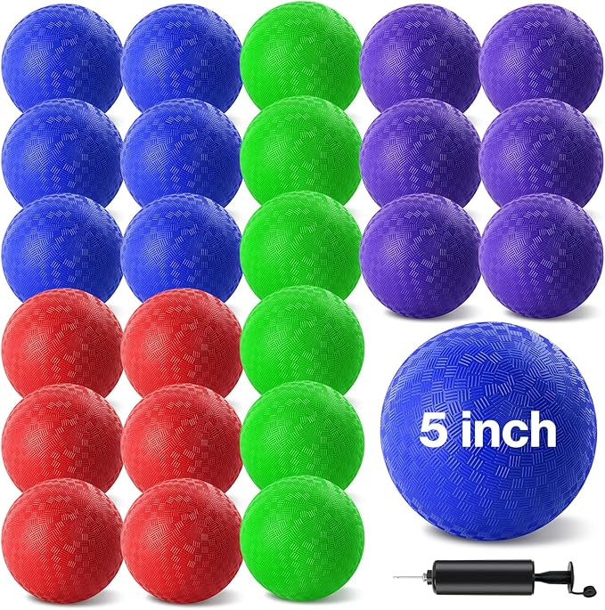 24 Pcs Dodgeballs 5 Inch Playground Ball Kickball Inflatable Rubber Handball Bouncy Dodge Ball with 1 Hand Pump for Outdoors Ball Games Gym Camps Picnic (Multicolor)