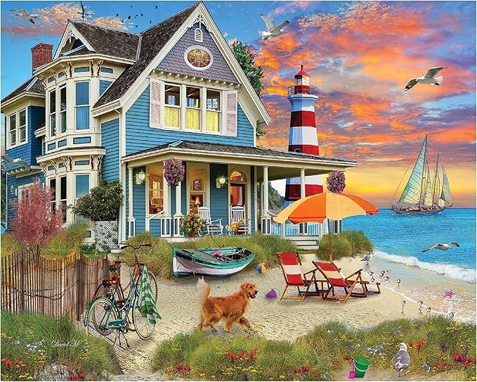White Mountain 1000 Piece Jigsaw Puzzle Summer Night Ocean House Puzzles with Large Pieces for Adults and Family 24"x30" - Beach Sunset