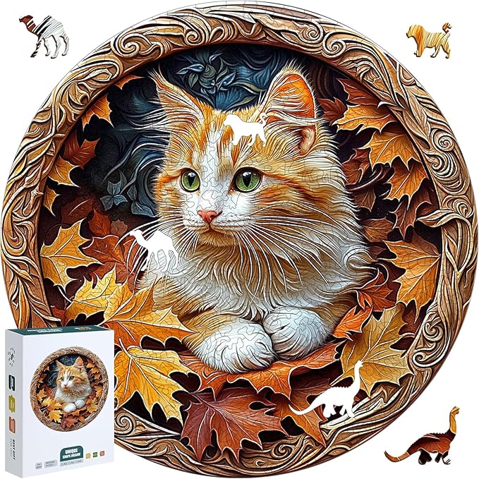 Wooden Puzzles for Adults, 210 Pieces Unique Cat & Autumn Leaf Pattern 3D Ornate Frame Wooden Jigsaw Puzzle, Easter Gift for Mom, for Cat Lovers