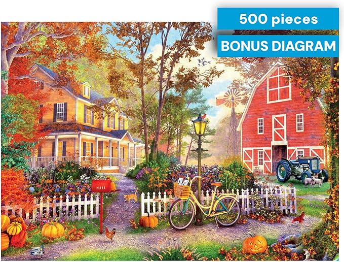 Buffalo Games - Autumn Farmhouse - 500 Piece Fall Jigsaw Puzzle for Adults - Cozy Seasonal Nature Artwork - Challenging Puzzle Perfect for Game Nights - Finished Size 21.25 x 15 - Made in the USA