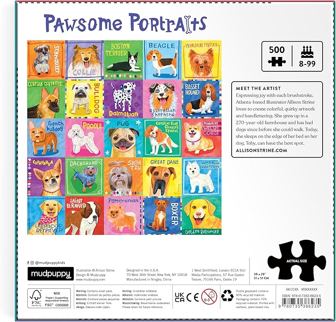 Mudpuppy Pawsome Portraits! – 500 Piece Family Jigsaw Puzzle with Colorful and Fun Illustrations of A Variety of Dogs for Children Ages 8 and Up