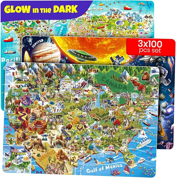 QUOKKA 100 Puzzles for Kids Ages 4-6 – Glow-in-The-Dark USA Map World Map and Solar System – Educational Floor Puzzles for Kids Ages 6-8 – Geography Learning Toys for 5-8 Year Olds