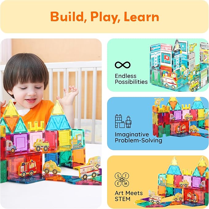 PicassoTiles 8pc Metro City Vehicle Magnet Building Block Set with Magnetized Action Figures Compatible with Magnetic Tile Kits STEAM Educational Construction Playset for Boys Girls Age 3 Plus PTA24