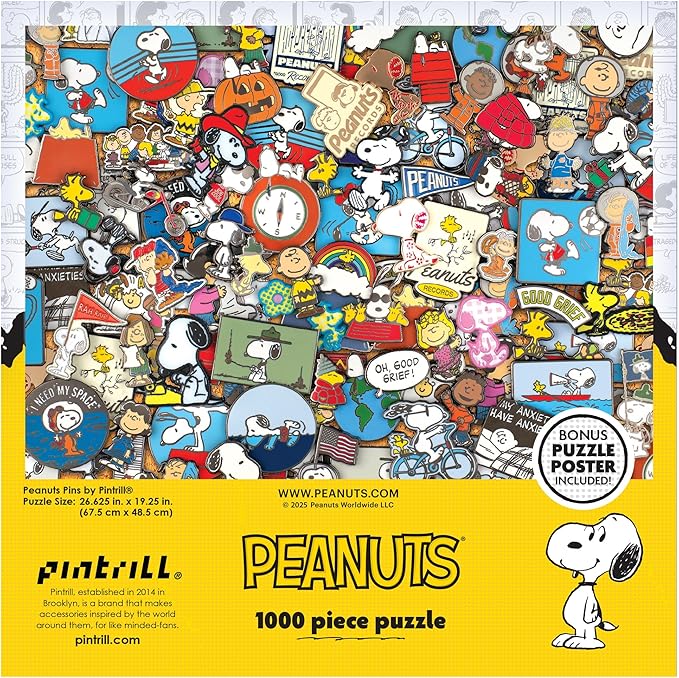 RoseArt - Peanuts - Peanuts Pins - 1000 Piece Jigsaw Puzzle for Adults - Snoopy, Charlie Brown & Woodstock Collectible Collage – Vibrant Peanuts Artwork – 26.625 x 19.25 Inches