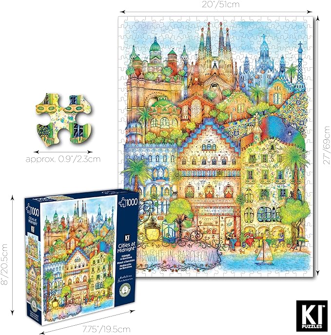 Hard & Challenging 1000 Piece Puzzle for Adults – Barcelona at Midnight by Madalina Tantareanu – Features Sagrada Familia, Park Güell, Casa Batlló – Difficult 27x20 Jigsaw by KI Puzzles
