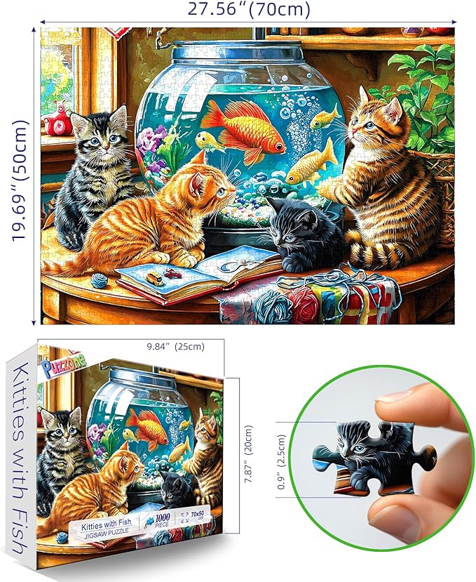Kittens Watching Goldfish 1000 Piece Puzzle for Adults - Fish Tank Cats Jigsaw Puzzles 1000 Pieces, Unique Home Decor Art, Challenging Fun Games for Adults & Family Game Night Gift