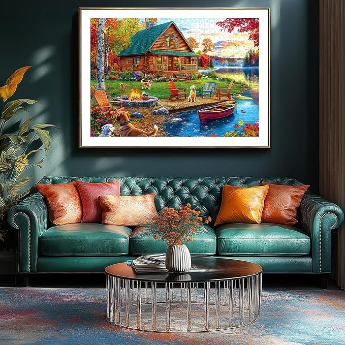 Autumn Lake House 1000 Piece Jigsaw Puzzle for Adults Log Cabin with Dogs & Fall Foliage Adult Puzzles 1000 Pieces for Family Game Night & Home Decor
