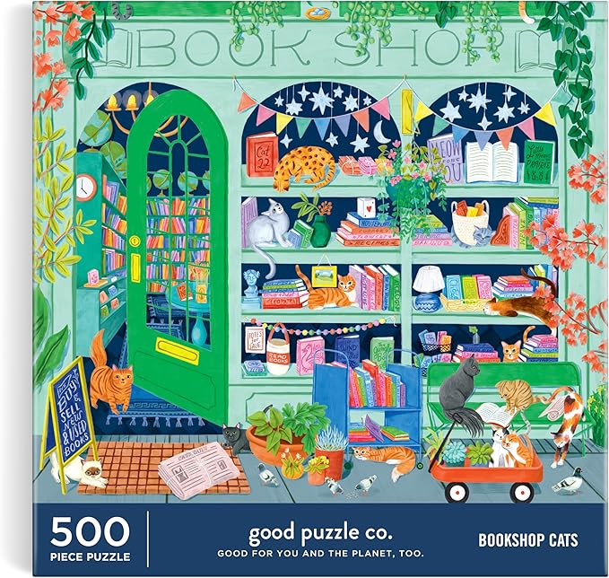 Good Puzzle Co Bookshop Cats – 500 Piece Jigsaw Puzzle Featuring Beautiful Artwork of A Cozy Bookshop Storefront with Cats