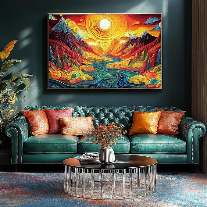 MINIWAN 3D Quilling Paper Art Vibrant Sunset Mountain River Puzzles for Adults 1000 Pieces, Colorful Paper Quilling Landscape Jigsaw Puzzle, Gift for Abstract Art & Nature Lovers 27.55 x 19.7 Inch