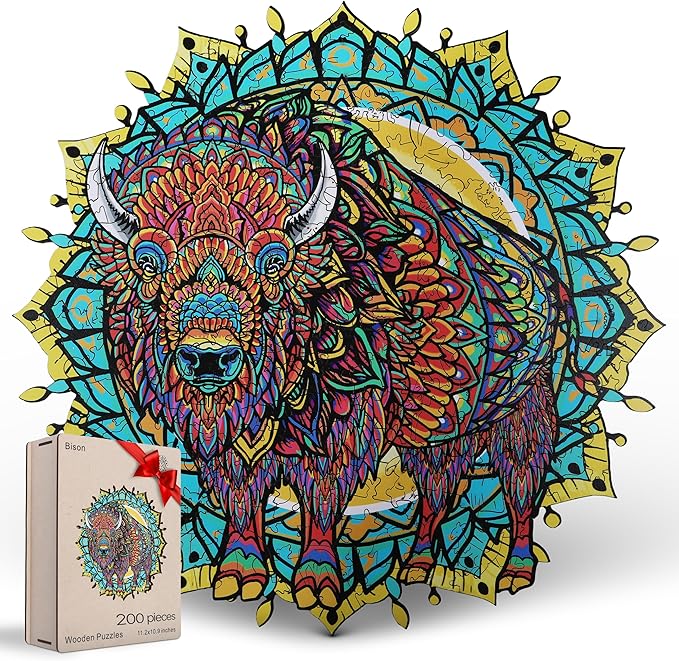 ESTROSO Wooden Puzzles for Adults - American Bison 200 Piece Wood Jigsaw Puzzle - 11.2x10.9 Inches - Giftable Storage Box and Carrying Bag - Unique Puzzles - Custon Art Jigsaw Puzzles