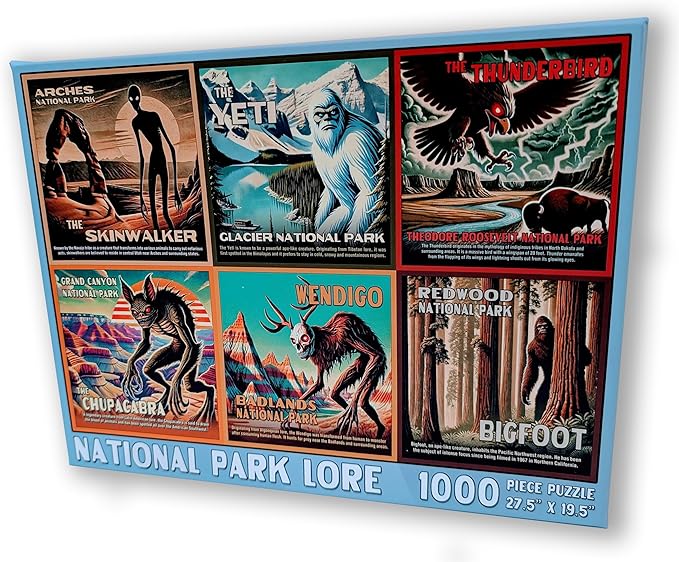 National Park Lore Cryptids Bigfoot Puzzle | 1000 Piece Puzzle | Vintage National Parks Puzzle for Adults | Blue Porcupine Puzzles