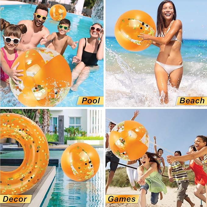 POZA Inflatable Beach Balls - Elegant Glitter Confetti Premium Floaters, Heavy Duty Vinyl Floatation Pool Toys for Pool Beach Party, UV Resistant Pool Décor