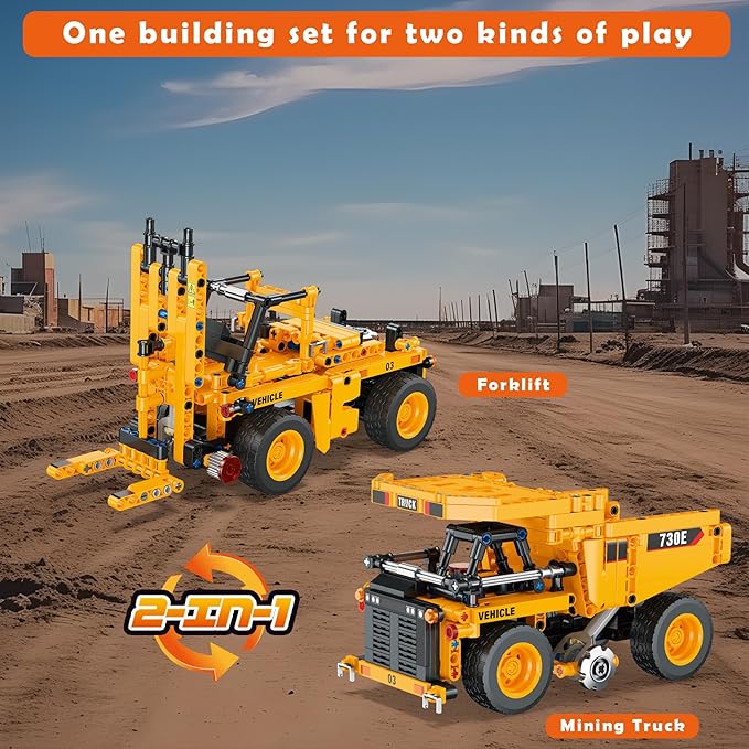 2-in-1 Construction Vehicle Building Blocks Set: Convertible Mining Dump Truck & Forklift Toy with Rotating Axle for Realistic Play – STEM Learning Toys for Kids Ages 8-12