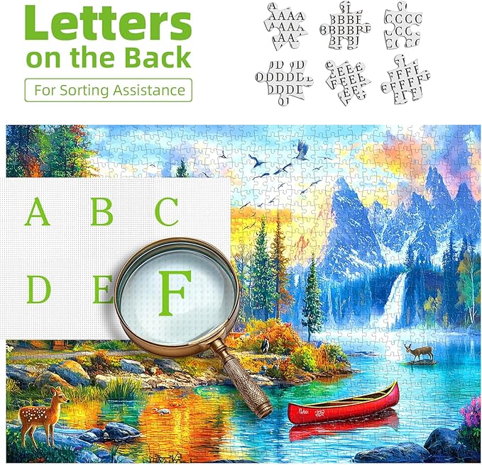 500 Piece Jigsaw Puzzle for Adults Mountain Lake Cabin Nature Forest Waterfall Deer Sunset Landscape Family Challenging Puzzles with Letters on Back Perfect for Game Night (23"X15")