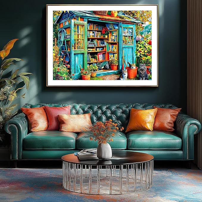 Blueforest 1000 Piece Puzzle for Adults - Cozy Garden Shed Bookshelf & Cats Art, 27.5x19.7 Inches Premium Jigsaw Puzzle for Relaxation & Home Decor
