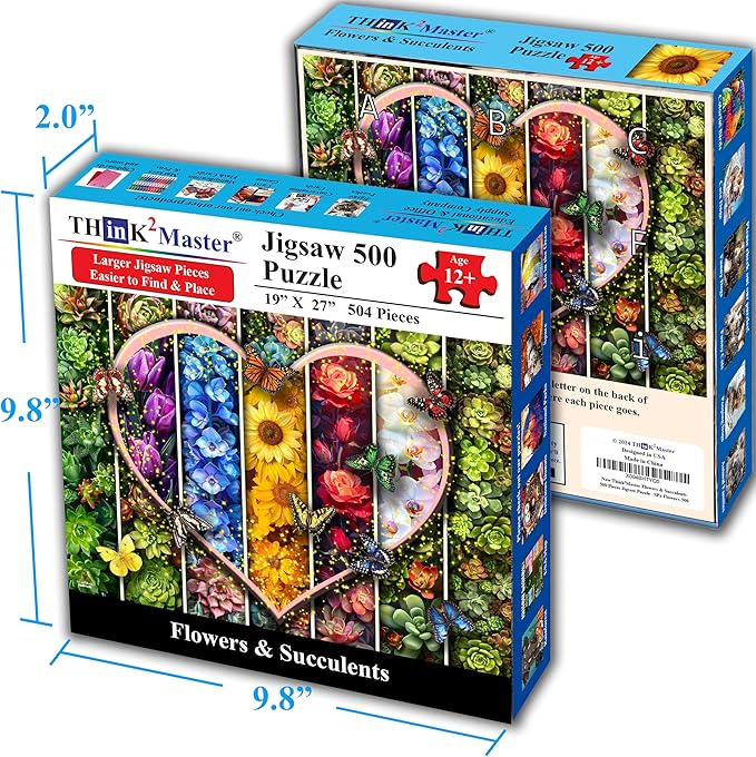 Think2Master Colorful Flowers Succulents & Butterflies 500 Pieces Very Large Pieces Jigsaw Puzzle for 13+ Adults & Seniors. Beautiful Vibrant Heart Valentine's Day Illustration 26.8” X 18.9”