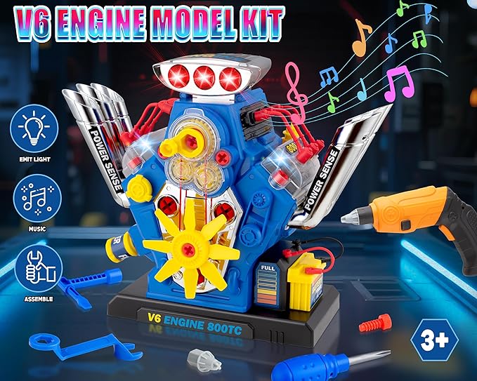 STEM New V6 Engine Model Building Kit，60-Piece Take Apart Toy with Realistic Lights & Sounds, Tools - Mechanic Repair Playset for Kids Ages 3-5