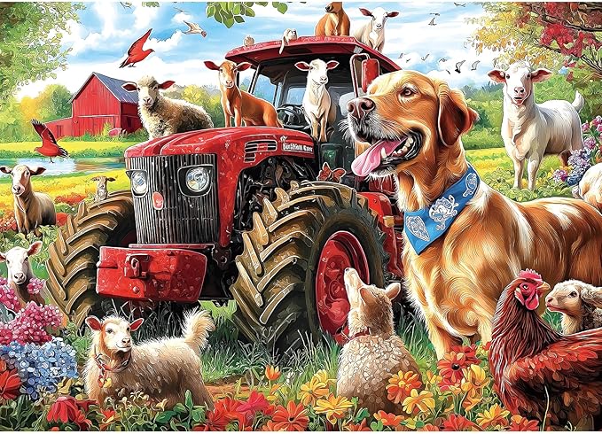 MINIWAN Cozy Country Farm Animals with Golden Retriever Puzzles for Adults 1000 Pieces, Red Tractor Goats Chicken Farm Jigsaw Puzzle, Gift for Farm & Dog Lovers 27.5x19.7 Inch
