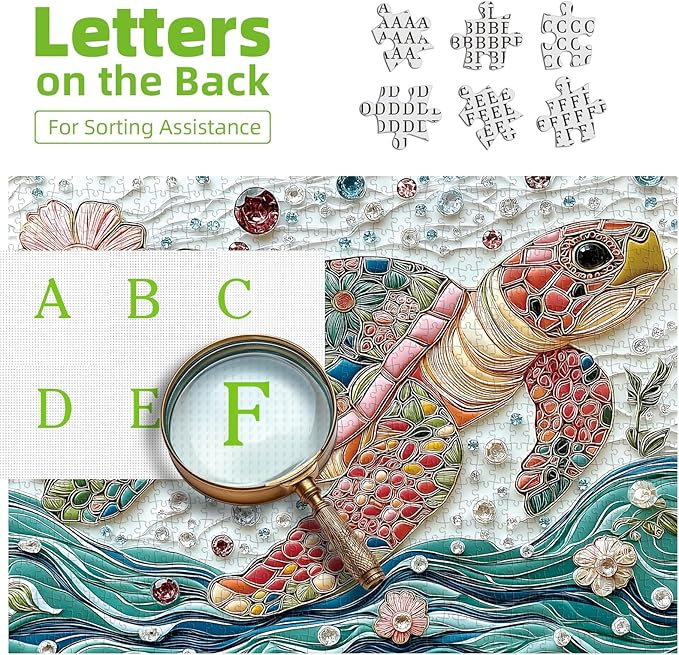 300 Piece Jigsaw Puzzle for Adults Mosaic Sea Turtle Mbroidery with Vibrant Gem & Floral Details Puzzle Colorful Beautiful Underwater Sea Puzzle with Letters on Back Ideal for Seniors &Game Nights