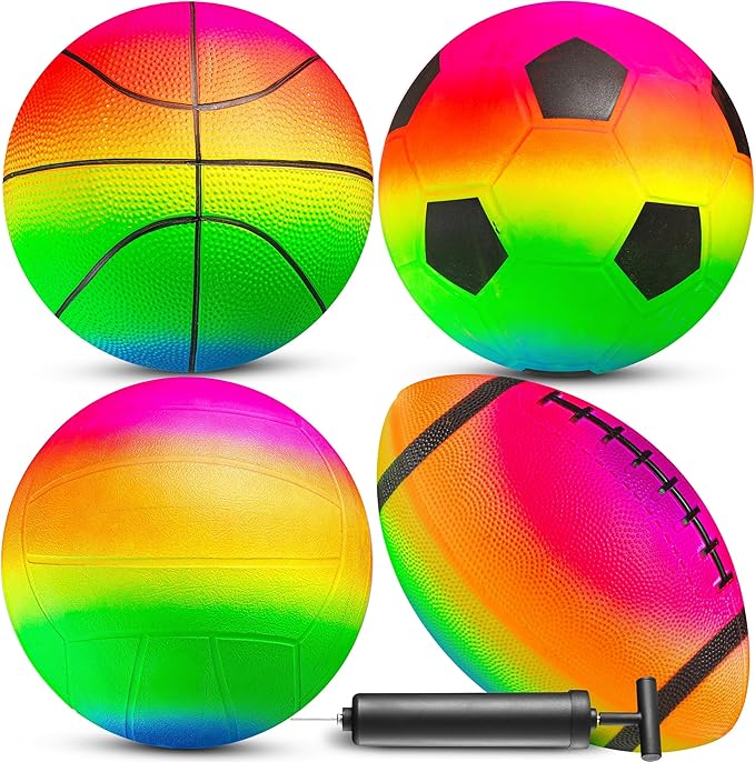 Rainbow Sports Balls for Kids & Toddlers - (Pack of 4) 8.5-Inch Neon Sport Ball Set Includes Football, Soccer, Basketball, & Playground Balls, Toy Balls for Indoor/Outdoor