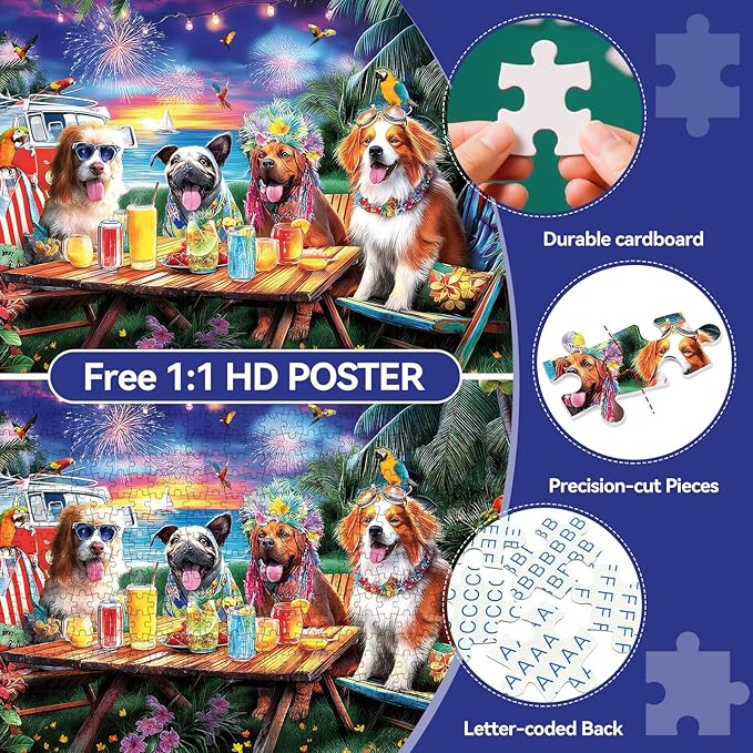 300 Piece Puzzles for Adults, 300 Piece Puzzles for Adults Large Piece, Beach Party Dogs Fireworks Jigsaw Puzzle, Challenging Puzzle Perfect for Game Nights, 20.5 X 15 in