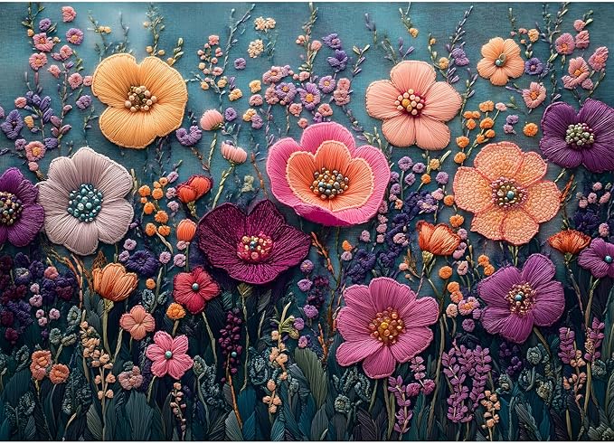 Jigsaw Puzzle 1000 Pieces Embroidered Flower Puzzle Intricate Thread Art, Vintage Botanical Home Decor