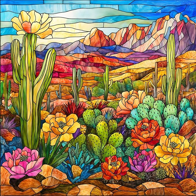 Stained Glass Cactus Jigsaw Puzzles for Adults 1000 Pieces, Difficult Puzzles Perfect for Game Night, Great Gift Idea, Size 24x24 in