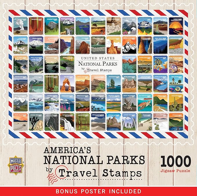 Masterpieces National Parks Travel Stamps Jigsaw Puzzle - 1000 Pieces, Portable - Age 14+