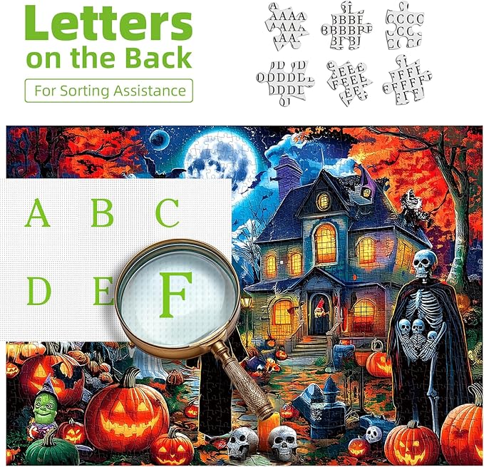 Halloween 1000 Pieces Puzzles for Adults, Halloween Night Horror House Spooky Skeletons and Ghosts Jigsaw Puzzle with Pumpkins for Holiday Party Game, Decor, Gifts (27.5" x 19.7")