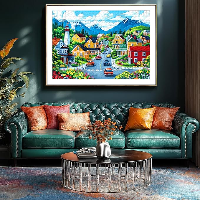 MINIWAN Colorful Coastal Mountain Town 1000 Piece Jigsaw Puzzle for Adults, Sunny Small Town Lighthouse Mountain Landscape Jigsaw Puzzle, Gift for Landscape Puzzle Lovers 27.5x19.7 Inch