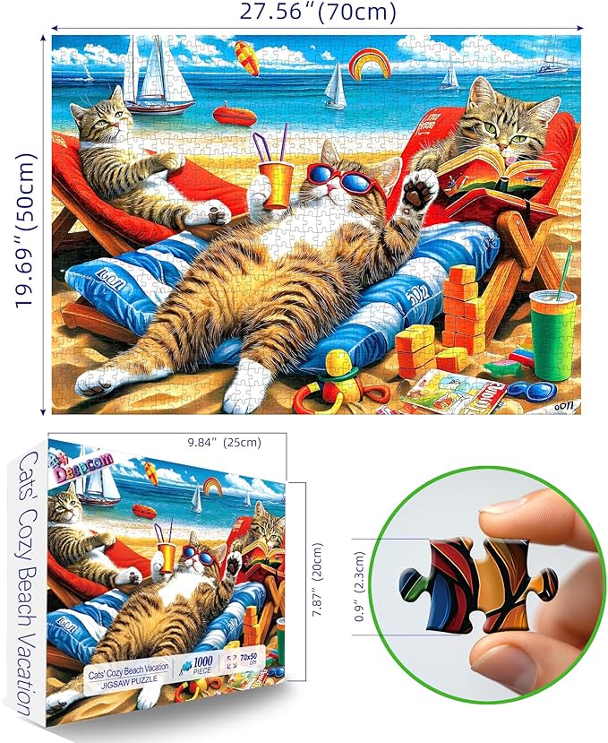 Vibrant Beach Jigsaw Puzzle for Adults 1000 Piece, Funny Cats Summer Vacation Scene, 27.56x19.69 Inches, Stress Relief & Home Decor, Entertaining Challenge