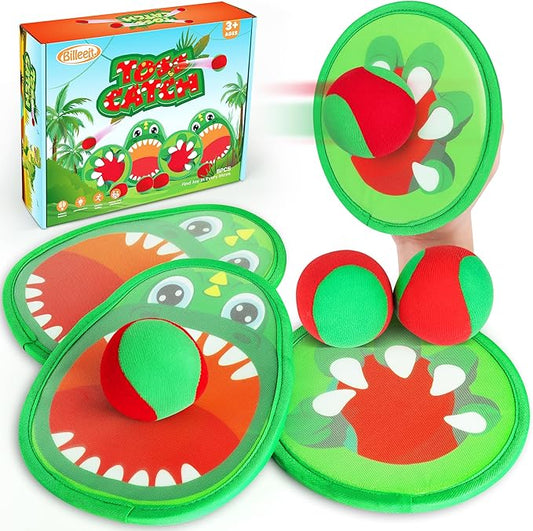 10.6 In Big Dinosaur Toss and Catch Ball Set, Catch Game Toys for Kids 3 4 5 6 7 8 9 10, Outdoor Yard Games Beach Toys for Family Outside Activities w/4 Big Rackets, 4 Balls, 1 Drawstring Bag