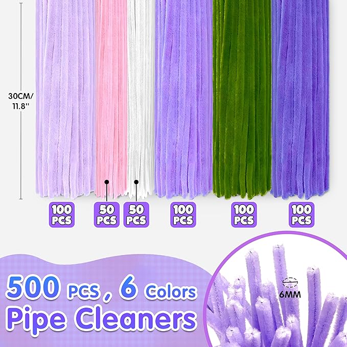 LINAYE 500 PCS Pipe Cleaners Craft, 6 Colors Pipe Cleaners Flowers Kit, Chenille Stems for Crafts with Instruction Wrapping Paper, Flower Stamens, Stems Art and Craft Supplies Purple