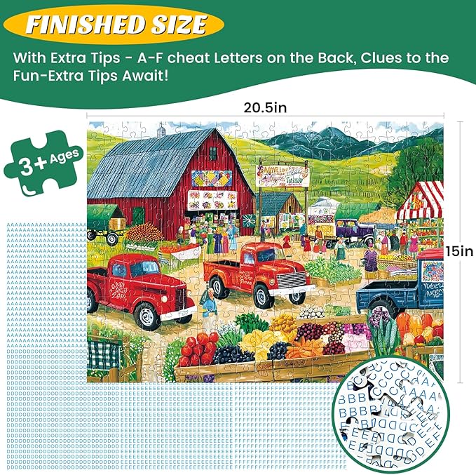 300 Piece Puzzles for Adults, Farmer’s Market Jigsaw Puzzle with Fresh Fruits, Large Piece Trucks Puzzle for Kids Ages 8-10 10-12, Fun Farm Countryside Puzzles,Family Game Great Gift 20.5 * 15in