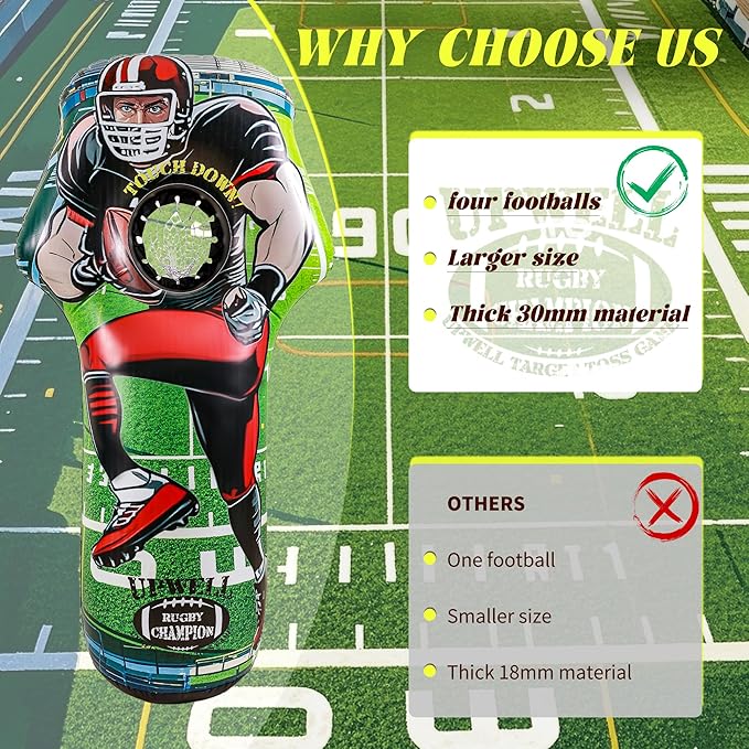 UPWELL Inflatable Football Target Set - 6ft Blow Up Toy for Fun Toss Games, Soft Footballs, Indoor/Outdoor Play, Perfect for Kids' Birthday Parties & Backyard Carnival Games