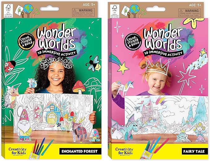 Creativity for Kids Wonder Worlds 3D Coloring Kit, 2 Pack: Princess Fairy Tale and Enchanted Woodland Forest - Kids Coloring Book Activity Kit, Small Gifts for Kids (Ages 5+)