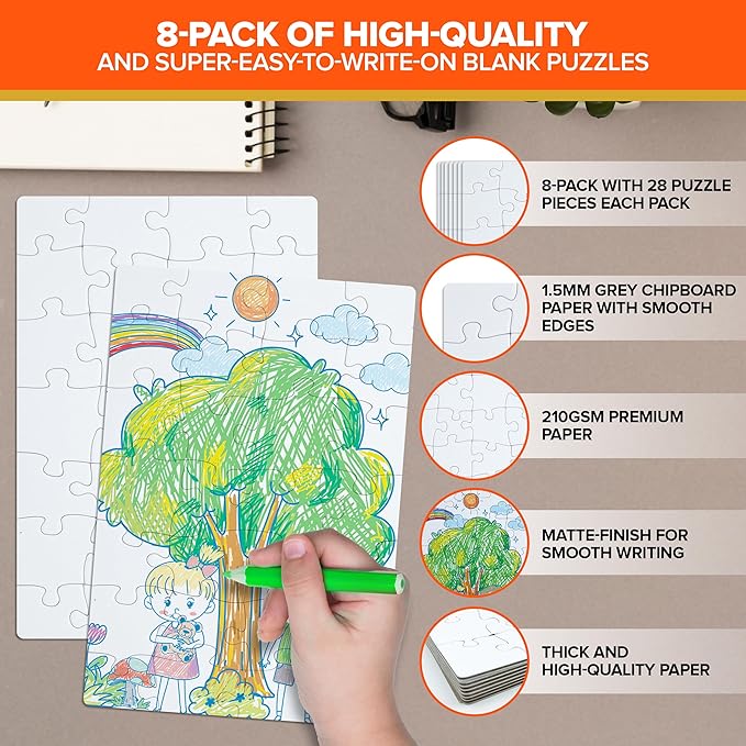 Decorably 8 Pack Blank Puzzles for Kids Set with Matte Finish, 28pcs Each 5.5x8in to Draw On for Boys & Girls Activities, Arts & Crafts, DIY Projects or Party Favors