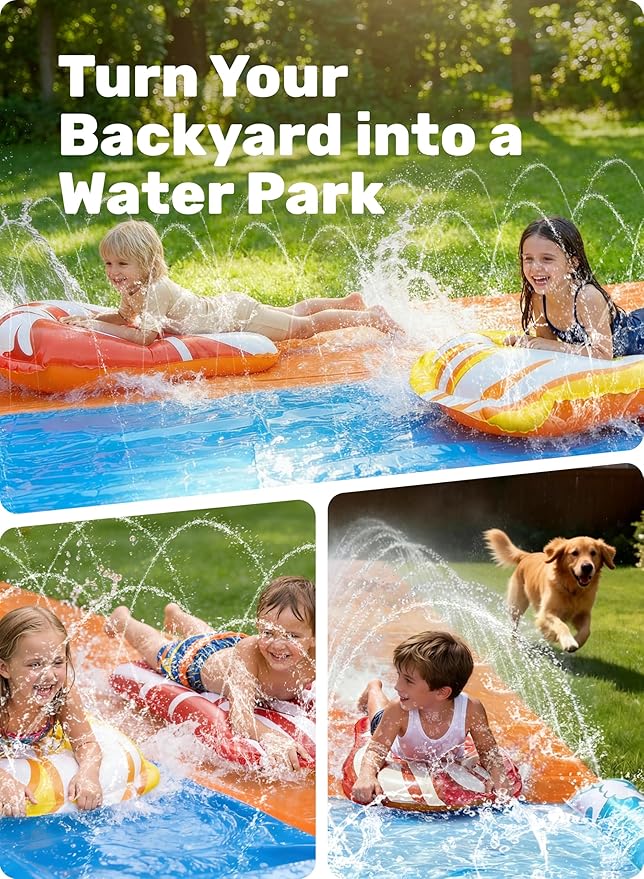 JOYIN 32.5FT Water Slide and 2 Inflatable Boards, Extra Long Double Lawn Heavy Duty Splash Mat Pad with Sprinkler for Kids Adults Backyard Summer Water Toy Outdoor Fun, Blue, Orange