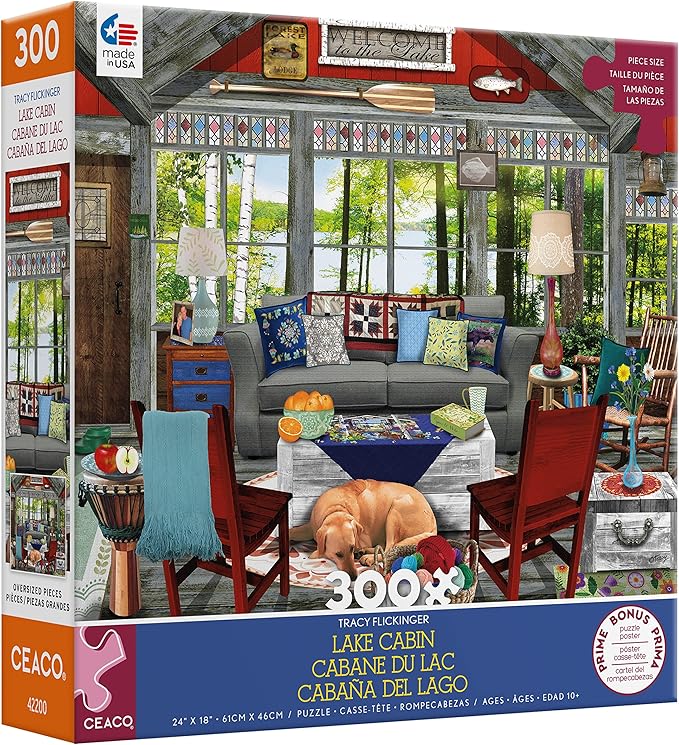 Ceaco - Tracy Flickinger - Lake Cabin - Oversized 300 Piece Jigsaw Puzzle, 24 x 18