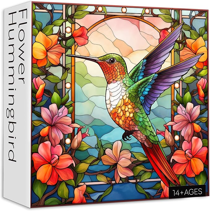 Hummingbird Puzzles for Adults 1000 Pieces, Stained Glass Spring Bird Flower Impossible Art Puzzle, Hard Challenging Bird Garden Jigsaw Puzzle as Home Wall Art Decor