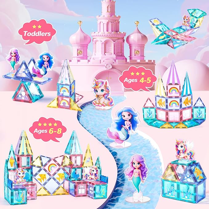 Magnetic Tiles Unicorn Building Toys Set with 4 Dolls, Princess Magnetic Blocks for Kids Ages 3-5 4-8, STEM Educational Sensory Magnet Toys Birthday Gifts for Toddlers Girls Boys