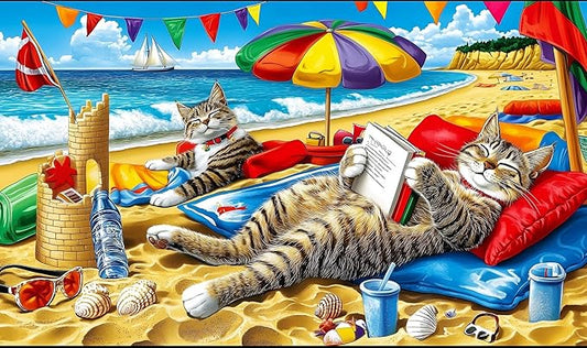 1000 Piece Beach Cats Jigsaw Puzzle for Adults, Colorful Summer Beach Scene with Kittens, 27.56x19.69 Inches, Relaxing Activity & Decoration