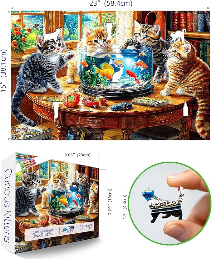 500 Piece Jigsaw Puzzles for Adults - Kittens & Goldfish Library Scene Puzzle,Cute Cats Puzzle with Letters on Back Perfect Game Night Gift for Family Seniors(23x15 Inch)