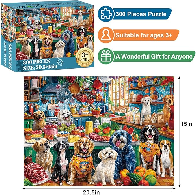 300 Piece Puzzles for Adults,Cute Dog Jigsaw Puzzle for Adults Children Elderly,Large Piece Animal Friends Puzzle for Kids Age 8-10 10-12,Challenging Funny Food Puzzle,Family Game Great Gift 20.5x15in