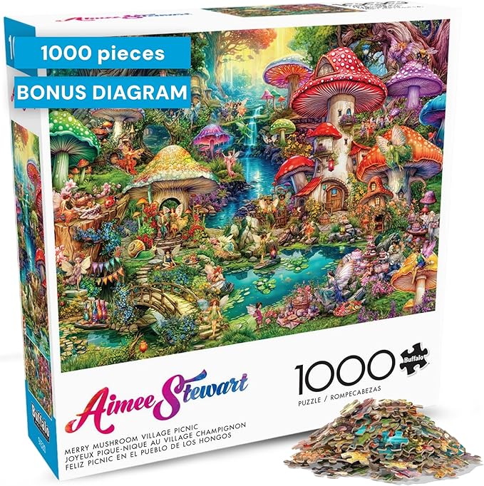 Buffalo Games - 1000 Piece Jigsaw Puzzle Aimee Stewart Merry Mushroom Village Picnic, Made in USA, Premium Recycled Board, Full-Color Poster, Giftable