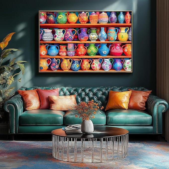 MINIWAN Vibrant Hand-Painted Floral Pottery Vases Puzzles for Adults 1000 Pieces, Colorful Painted Ceramic Jugs On Shelves Jigsaw Puzzle, Gift for Pottery & Art Lovers 27.5 x 19.7 Inches