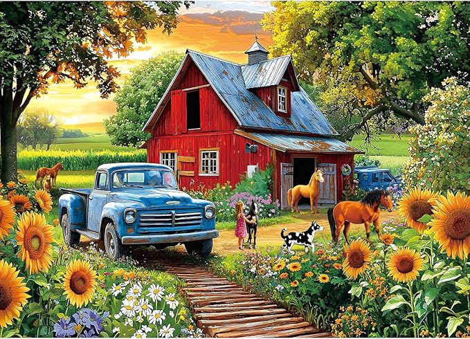 Country Farm Jigsaw Puzzle for Adults 1000 Piece, Vintage Red Barn with Blue Truck, Sunflower Garden Scene,1000 Pieces Spring Puzzles for Adults Entertainment, 27.56x19.69 in