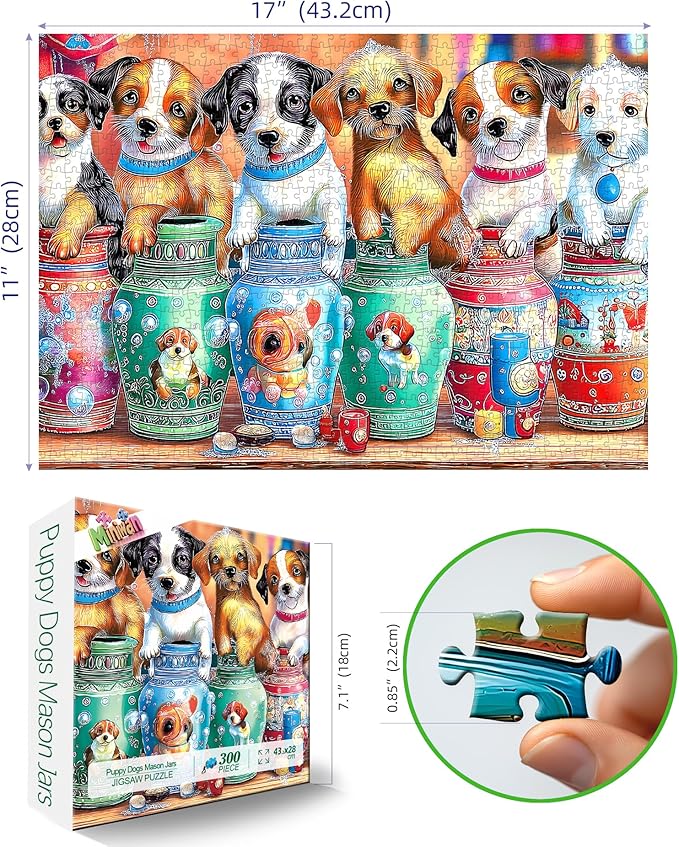 MINIWAN 300 Piece Jigsaw Puzzles for Adults - Cute Puppies in Colorful Vases Design, 17x11 Inches Medium Difficulty Puzzle for Relaxation & Home Decor