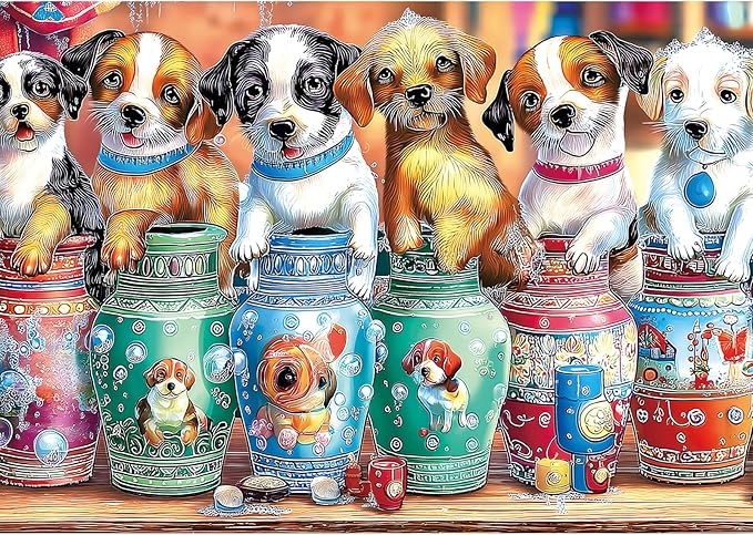 MINIWAN 300 Piece Jigsaw Puzzles for Adults - Cute Puppies in Colorful Vases Design, 17x11 Inches Medium Difficulty Puzzle for Relaxation & Home Decor