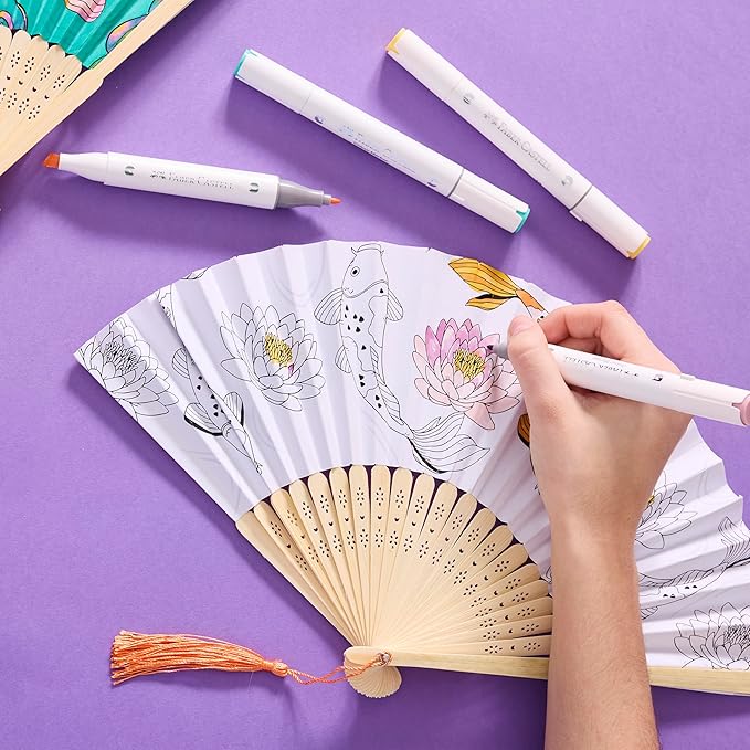 Faber-Castell Paper Fan Coloring Kit: Koi Fish | Folding Fans with Dual-Tip Markers & Pre-Printed Designs | Relaxing DIY Craft, Kids Activities and Easter Basket Stuffers (2 Fans, 6 Markers)